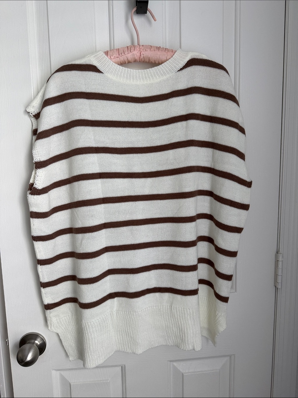 Relaxed Cream & Brown Striped Sleeveless Crew Sweater - Picture 5 of 6